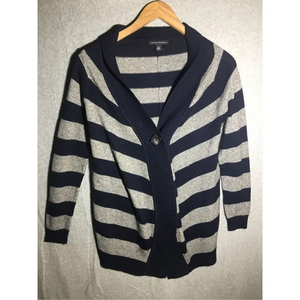 Womens Banana Republic Cardigan One Button Blue Grey Stripes Oversized